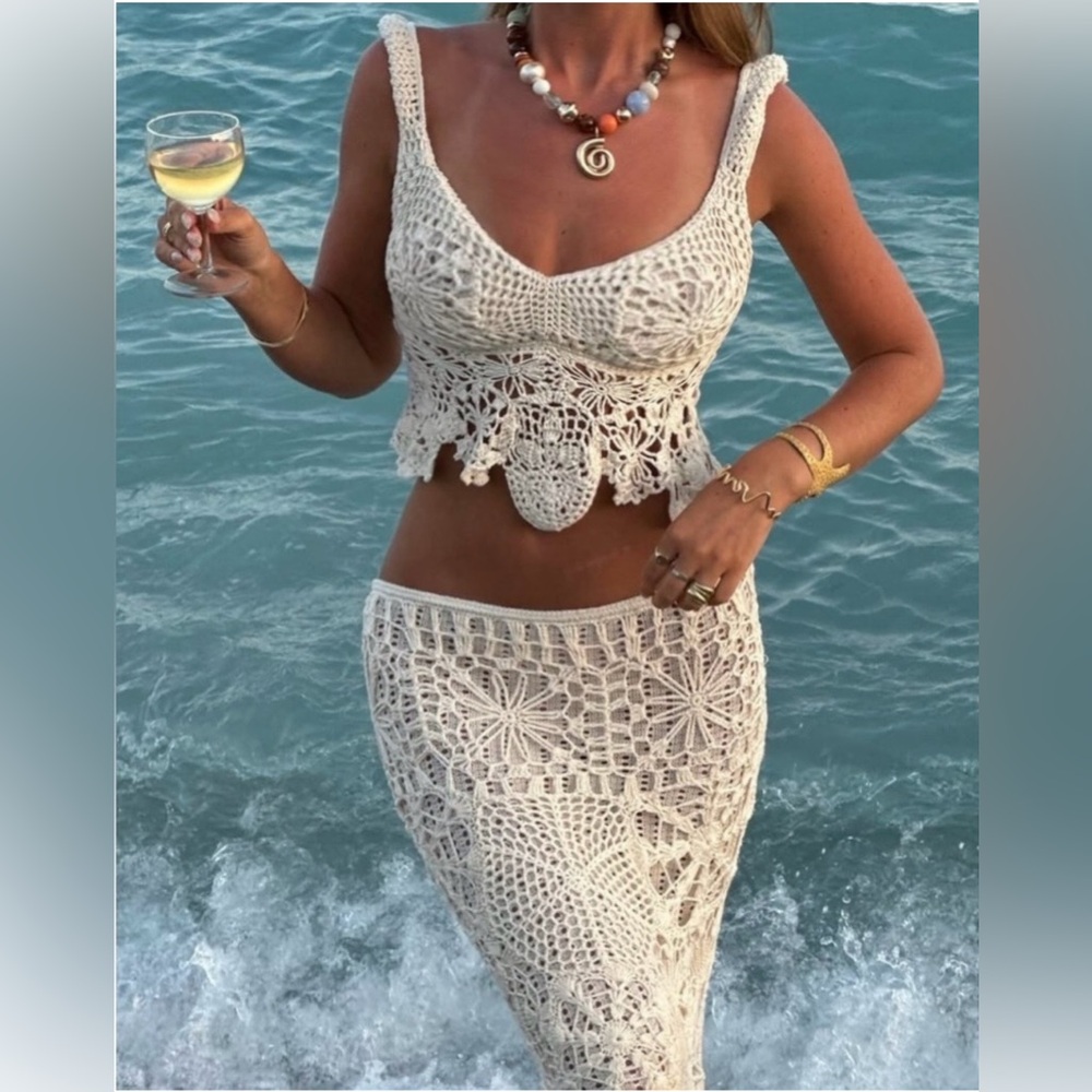 Indah Libra crochet top and Neptune skirt in vanilla